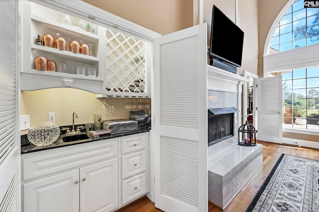 212 Cartgate Cir, Blythewood, SC 29016 - bar with light wood finished floors, a high end fireplace, a sink, and indoor wet bar