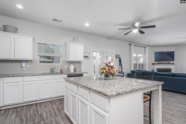 kitchen with a ceiling fan, a center island, a sink, wood finished floors, and open floor plan