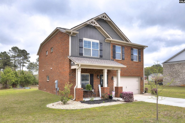 craftsman-style house with an attached garage, driveway, a front yard, and brick siding