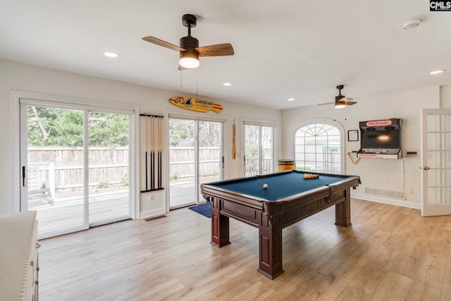 game room featuring ceiling fan, light wood-type flooring, pool table, recessed lighting, and baseboards
