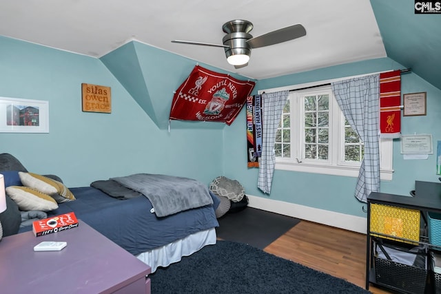 307 Waccamaw Ave, Columbia, SC 29205 - bedroom featuring lofted ceiling, baseboards, wood finished floors, and ceiling fan