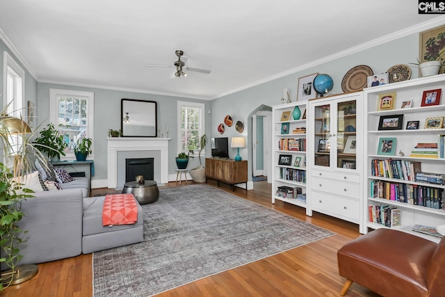 307 Waccamaw Ave, Columbia, SC 29205 - living room with a ceiling fan, wood finished floors, ornamental molding, a fireplace with flush hearth, and arched walkways
