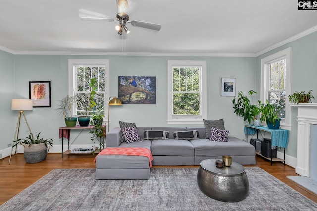 307 Waccamaw Ave, Columbia, SC 29205 - living area featuring healthy amount of natural light, wood finished floors, a ceiling fan, ornamental molding, and baseboards