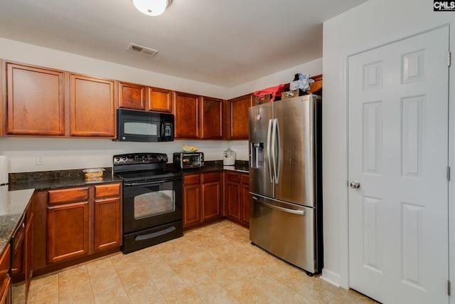 393 Vermillion Dr, Columbia, SC 29209 - kitchen with black appliances, dark stone countertops, and brown cabinets