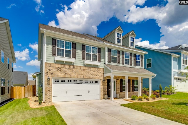 craftsman-style home featuring brick siding, concrete driveway, an attached garage, and covered porch