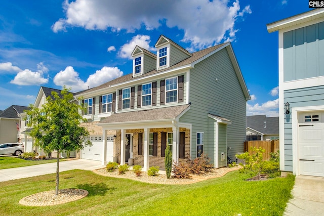 view of front facade with driveway, an attached garage, roof with shingles, and covered porch