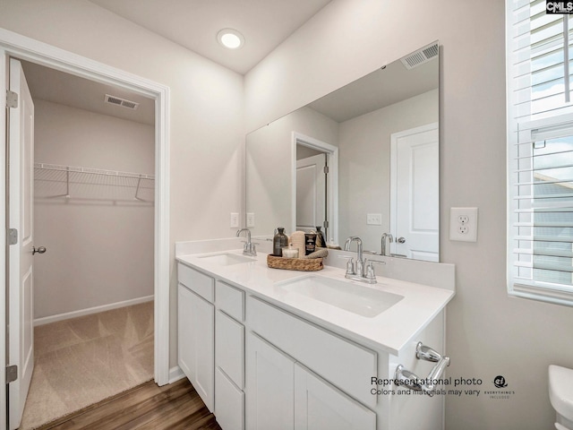 bathroom with a spacious closet, double vanity, wood finished floors, toilet, and baseboards