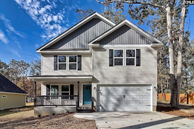 view of front of house with a porch, an attached garage, concrete driveway, fence, and board and batten siding