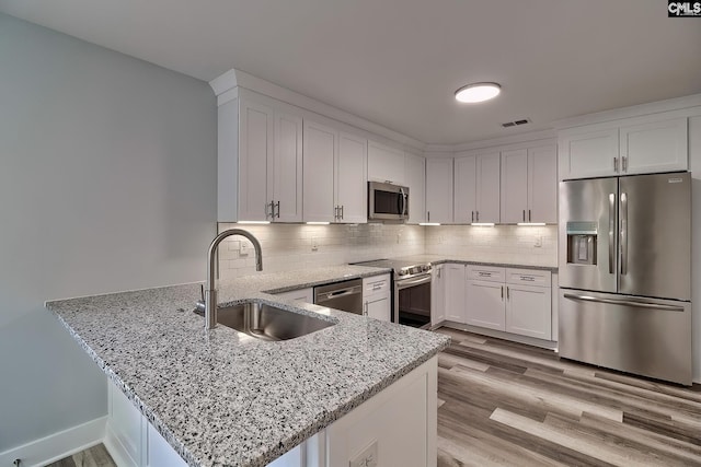 kitchen with appliances with stainless steel finishes, a sink, a peninsula, white cabinets, and light stone counters