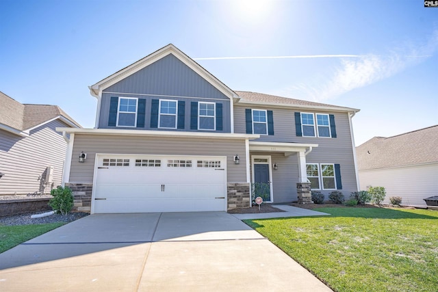 view of front facade with stone siding, concrete driveway, a front yard, and an attached garage