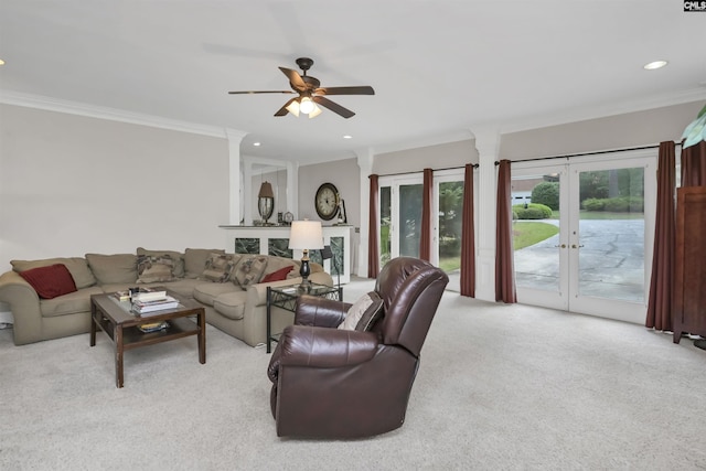 living room featuring a ceiling fan, ornamental molding, light colored carpet, recessed lighting, and french doors