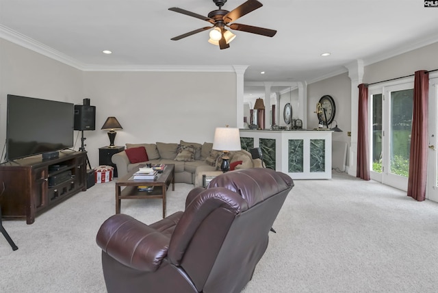 living area with light colored carpet, ornamental molding, ceiling fan, and recessed lighting