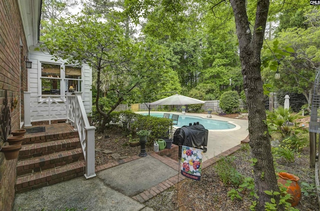 swimming pool featuring a fenced backyard and a patio