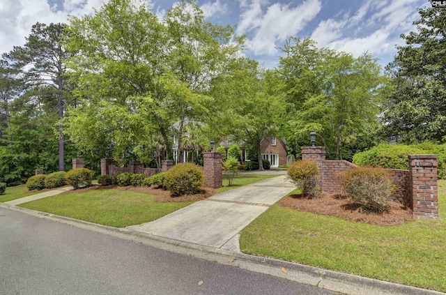 view of property's community with a yard and concrete driveway