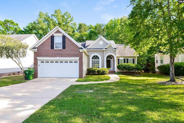 traditional-style home with concrete driveway, a front lawn, brick siding, and a garage