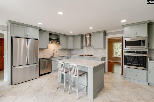 kitchen with appliances with stainless steel finishes, wall chimney range hood, a sink, gray cabinets, and decorative backsplash