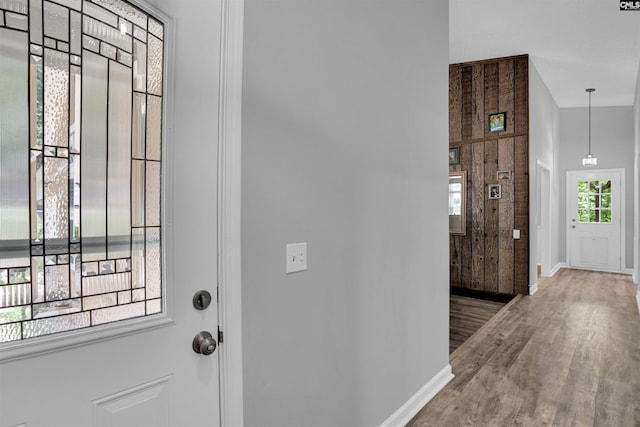 foyer entrance with baseboards and wood finished floors