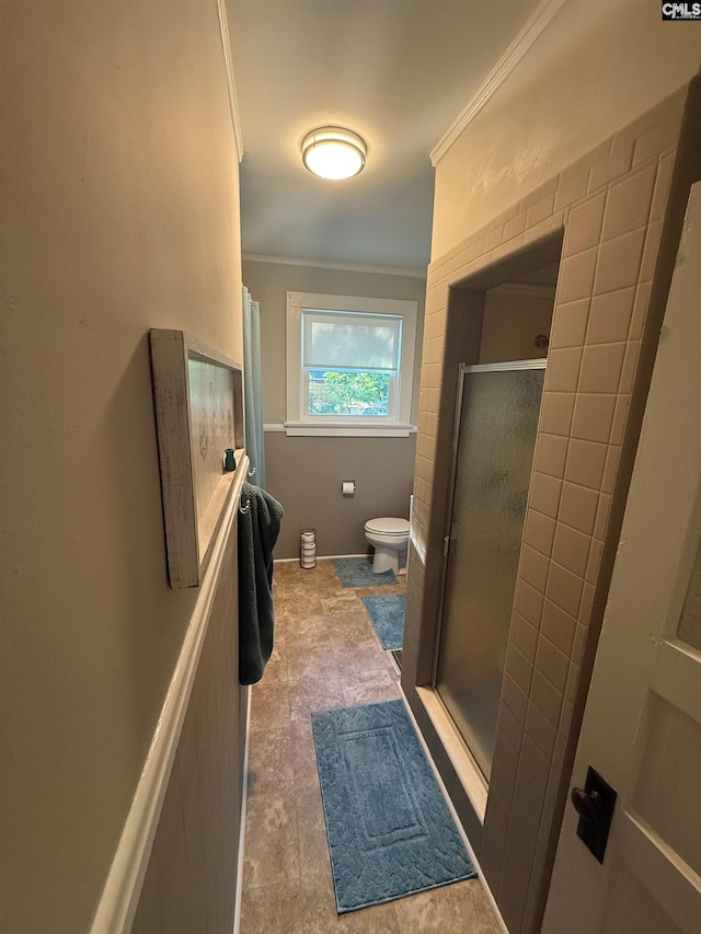 1006 W Main, Ridge Spring, SC 29129 - bathroom featuring crown molding, a stall shower, and toilet
