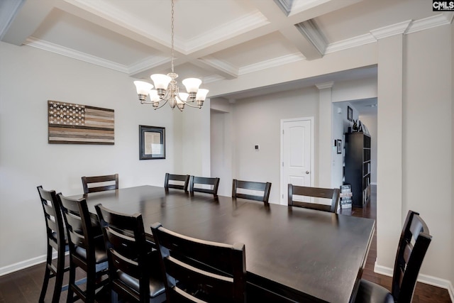 dining area with coffered ceiling, beam ceiling, dark wood-style flooring, a chandelier, and ornamental molding