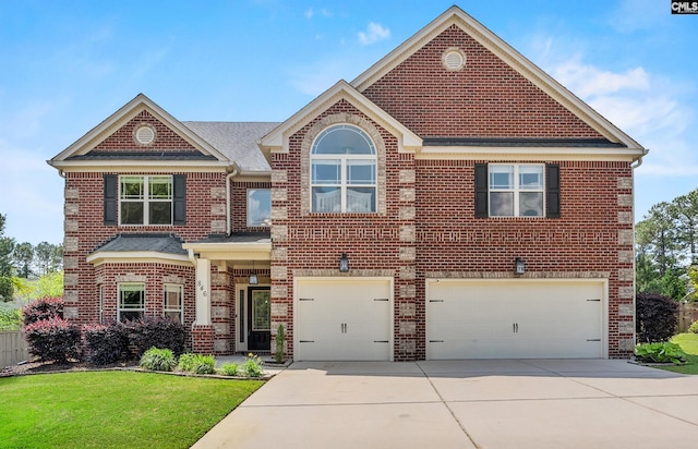 view of front facade featuring brick siding, driveway, a garage, and a front yard