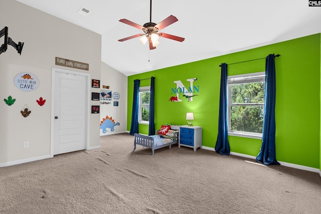 rec room featuring a ceiling fan, carpet flooring, baseboards, and high vaulted ceiling