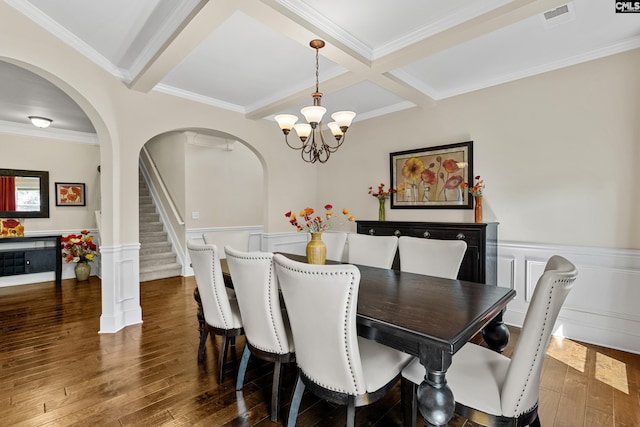 dining room with arched walkways, a chandelier, coffered ceiling, beamed ceiling, and a wainscoted wall