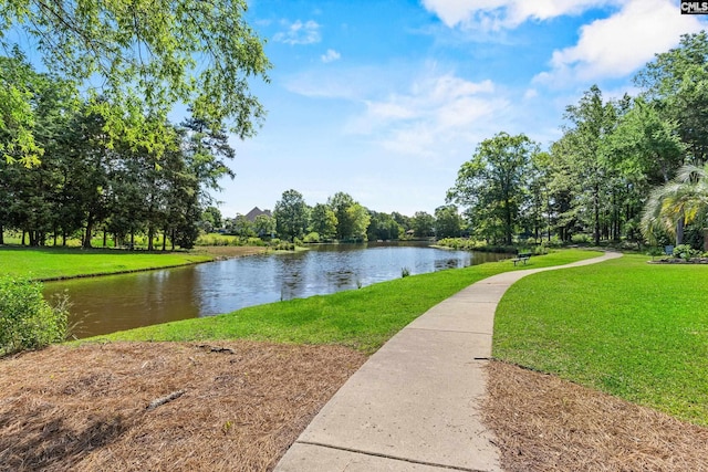 view of community featuring a water view and a lawn