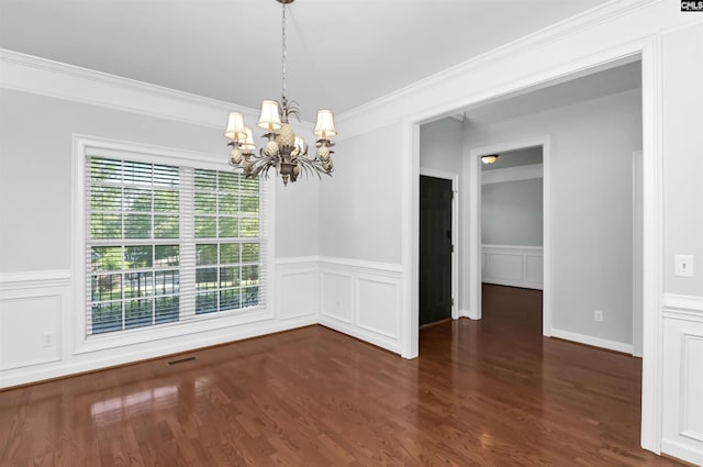 5 Stonewall Ct, Irmo, SC 29063 - unfurnished dining area featuring a chandelier, plenty of natural light, wainscoting, dark wood-type flooring, and ornamental molding