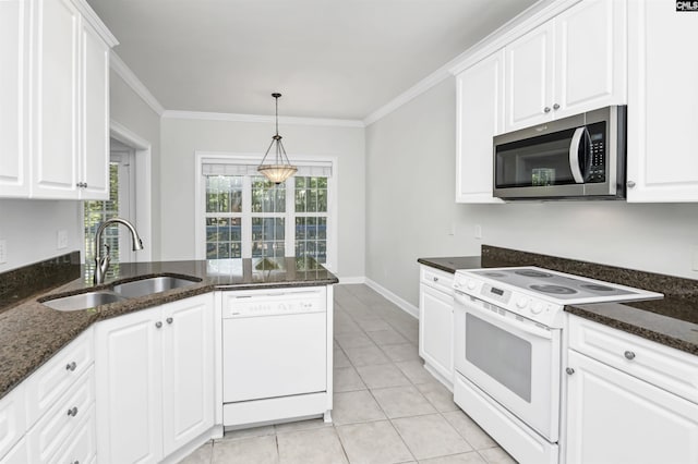 5 Stonewall Ct, Irmo, SC 29063 - kitchen with white appliances, a sink, white cabinets, light tile patterned flooring, and ornamental molding
