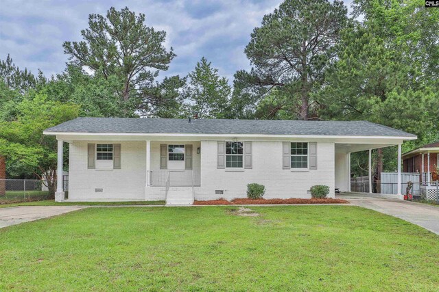 single story home with crawl space, brick siding, driveway, and roof with shingles