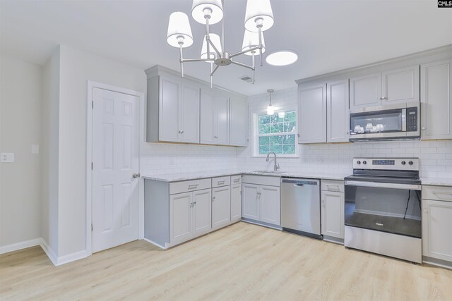 kitchen featuring stainless steel appliances, a sink, light wood-style flooring, a chandelier, and decorative backsplash