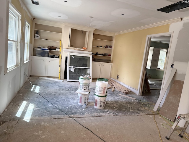 living area with ornamental molding