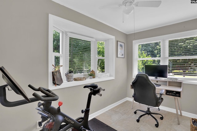 3803 Yale Ave, Columbia, SC 29205 - office with crown molding, a ceiling fan, and baseboards