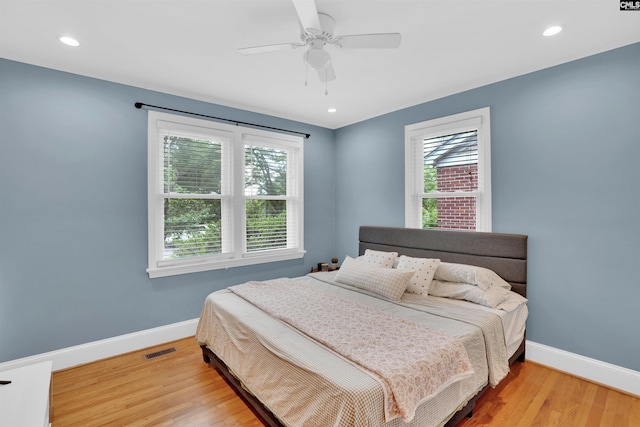 3803 Yale Ave, Columbia, SC 29205 - bedroom with baseboards, light wood-style floors, recessed lighting, and ceiling fan