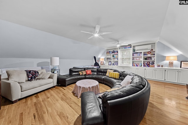 207 Spring Creek Ct, Lexington, SC 29072 - living area with light wood-type flooring, a ceiling fan, vaulted ceiling, built in features, and a wall mounted AC