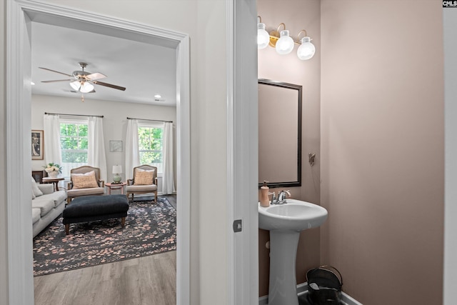 255 Honey Hill Way, Blythewood, SC 29016 - bathroom featuring wood finished floors, ceiling fan, a sink, and connected bathroom