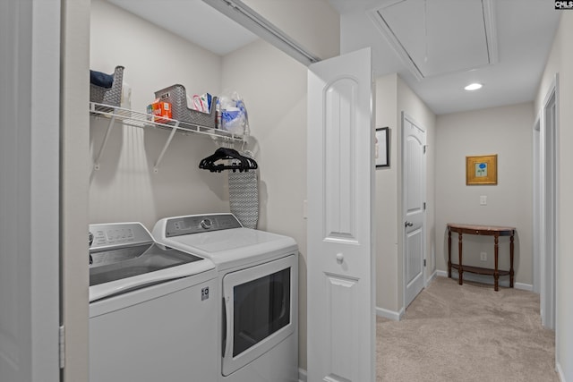 255 Honey Hill Way, Blythewood, SC 29016 - washroom featuring washer and dryer, light colored carpet, attic access, baseboards, and recessed lighting