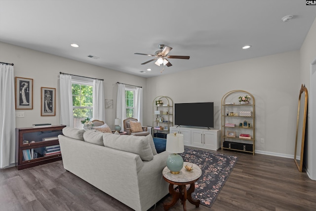 255 Honey Hill Way, Blythewood, SC 29016 - living area featuring ceiling fan, dark wood-style flooring, recessed lighting, and baseboards