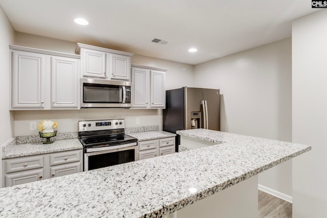 146 Sabal Dr, West Columbia, SC 29169 - kitchen featuring stainless steel appliances, light wood finished floors, light stone counters, recessed lighting, and baseboards