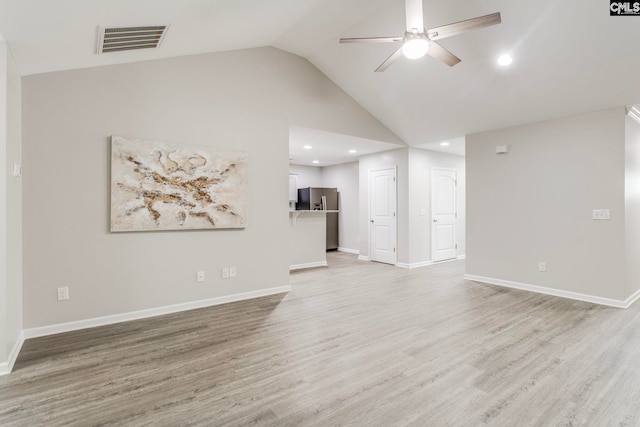 146 Sabal Dr, West Columbia, SC 29169 - unfurnished living room with ceiling fan, light wood-style flooring, recessed lighting, baseboards, and high vaulted ceiling