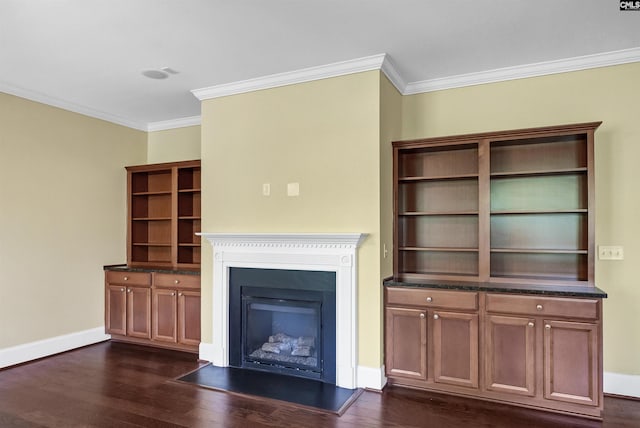 305 Thoroughbred Way, Columbia, SC 29045 - unfurnished living room featuring crown molding, dark wood-style flooring, a glass covered fireplace, and baseboards