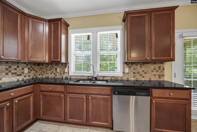 305 Thoroughbred Way, Columbia, SC 29045 - kitchen with dishwasher, a sink, dark stone countertops, decorative backsplash, and crown molding