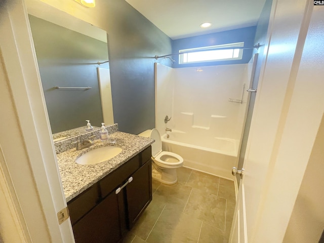 full bathroom featuring toilet, vanity, shower / bathtub combination, and recessed lighting