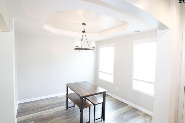 333 Oristo Ridge Way W, Columbia, SC 29170 - unfurnished dining area featuring a raised ceiling, wood finished floors, baseboards, and a chandelier