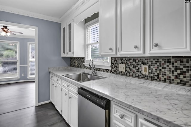 105 Golden Pond Dr, Lexington, SC 29073 - kitchen featuring stainless steel dishwasher, a sink, crown molding, and white cabinetry