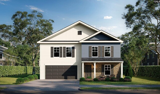 208 Long Iron Ct, West Columbia, SC 29172 - view of front facade featuring a garage, driveway, stone siding, covered porch, and a front yard