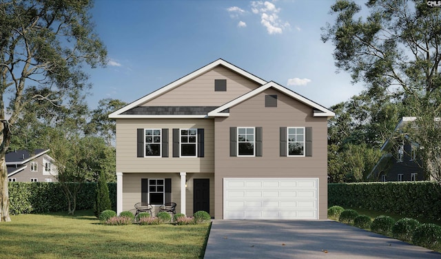 view of front of home featuring concrete driveway, a garage, a front lawn, and roof with shingles