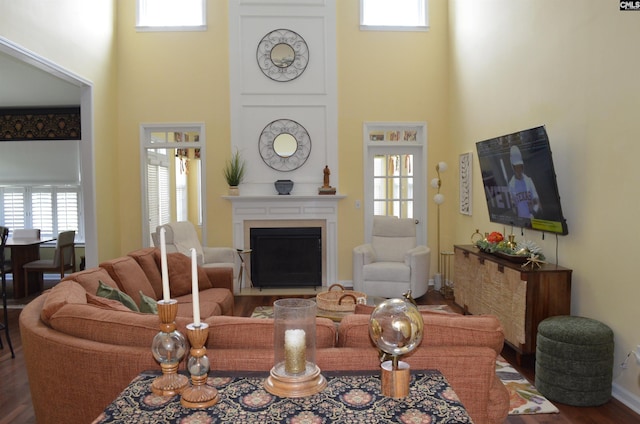 5102 Circle Dr, Columbia, SC 29206 - living room with a towering ceiling, a fireplace, wood finished floors, and baseboards
