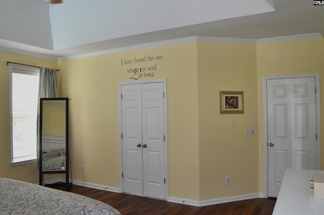 5102 Circle Dr, Columbia, SC 29206 - bedroom featuring dark wood-style floors, crown molding, baseboards, and a closet