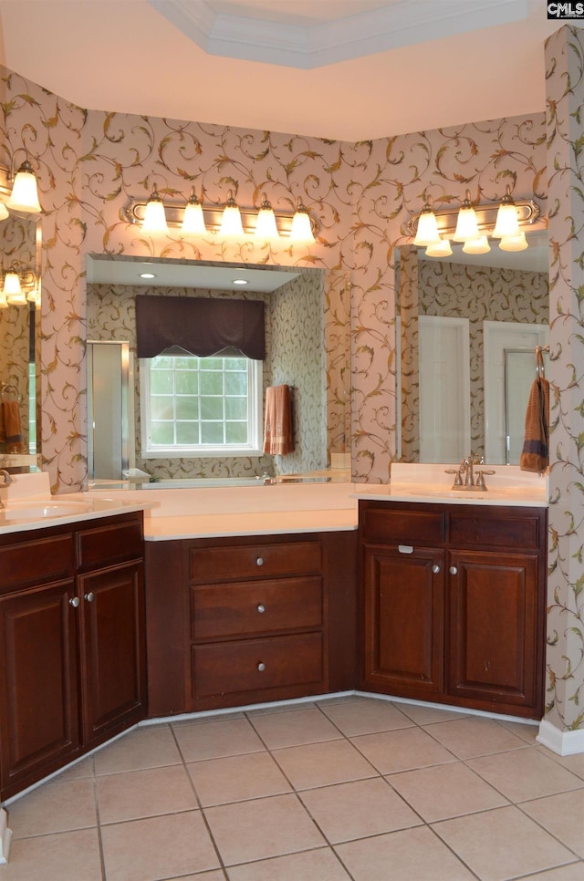 5102 Circle Dr, Columbia, SC 29206 - bathroom with ornamental molding, wallpapered walls, tile patterned floors, and double vanity
